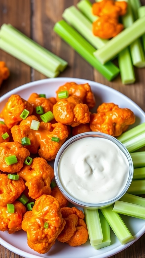 Crispy Buffalo cauliflower bites with tangy sauce, garnished with green onions and served with ranch dressing and celery sticks.